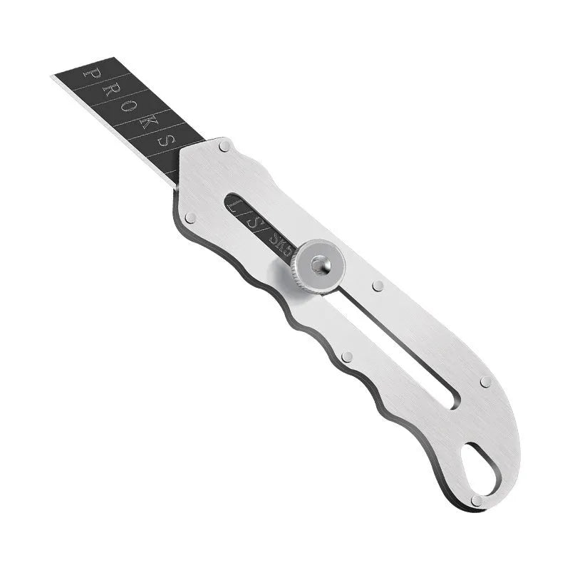 Stainless steel folding art knife with black blade and trapezoidal cutting blades