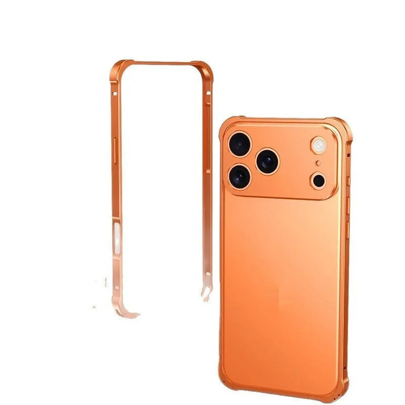 iPhone 17 series mobile phone case with a silver metal alloy frame and frosted finish, showing border-style design.