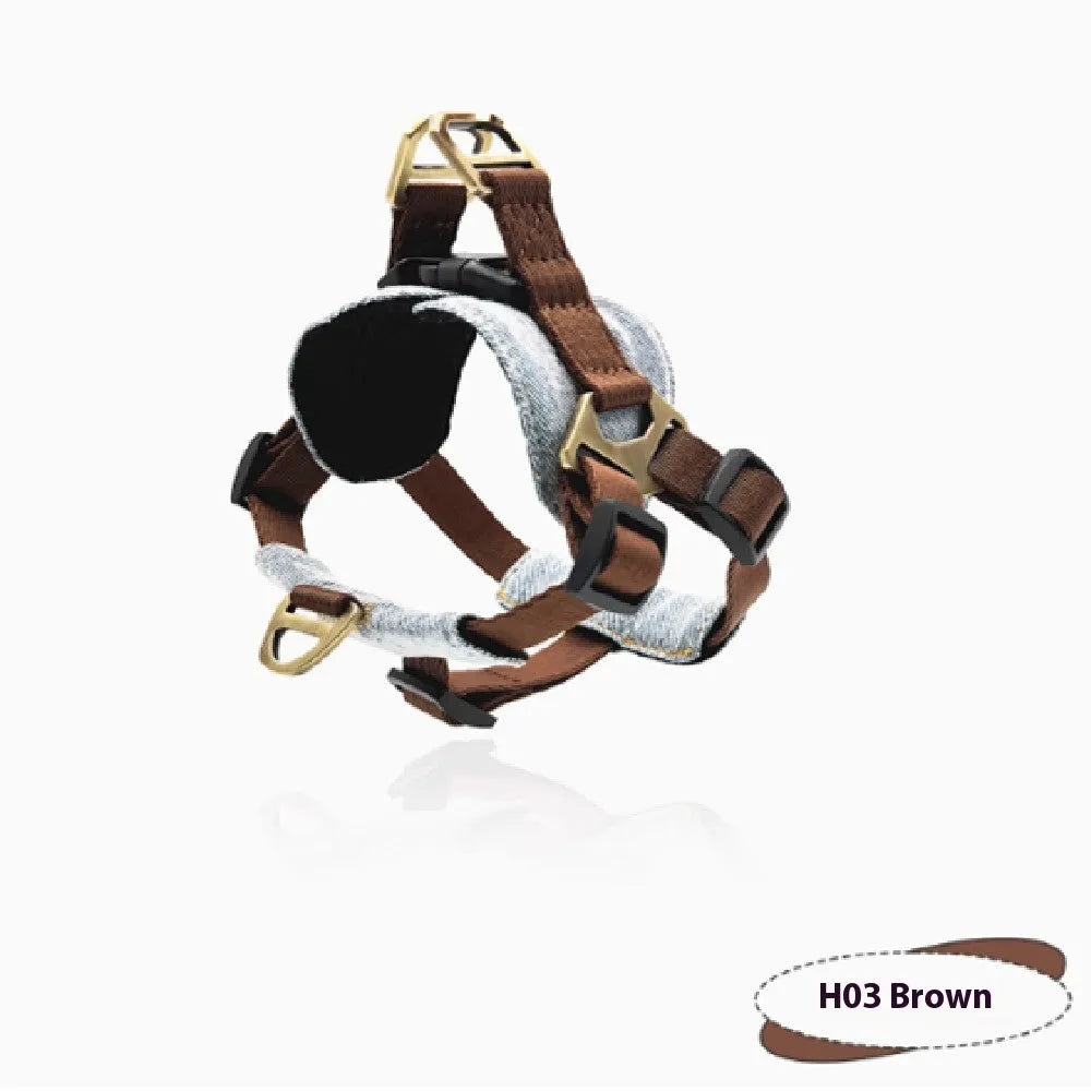 Brown anti-bite nylon dog chest harness with vest style and zinc alloy fittings on small dog