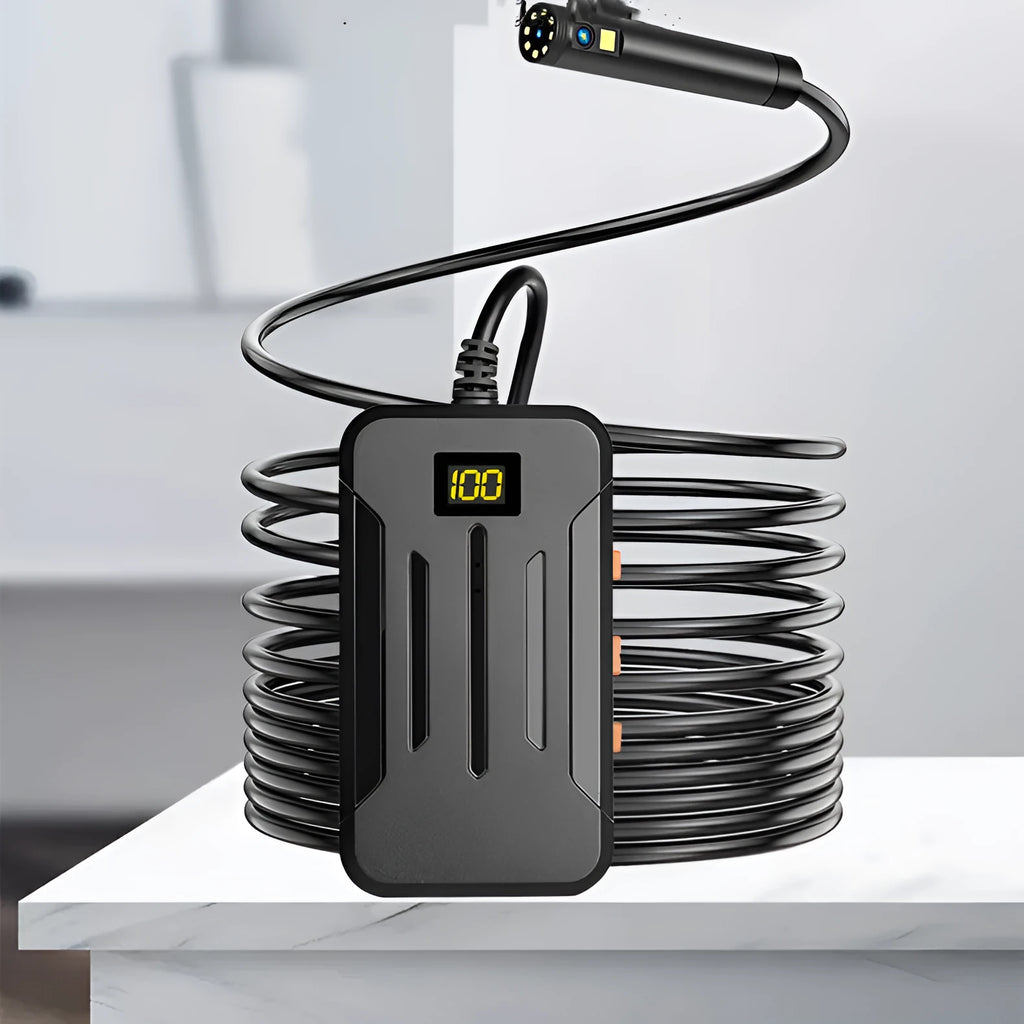 F300 WiFi dual lens endoscope with 5.5mm and 8mm waterproof probes, hook and magnet attachments.