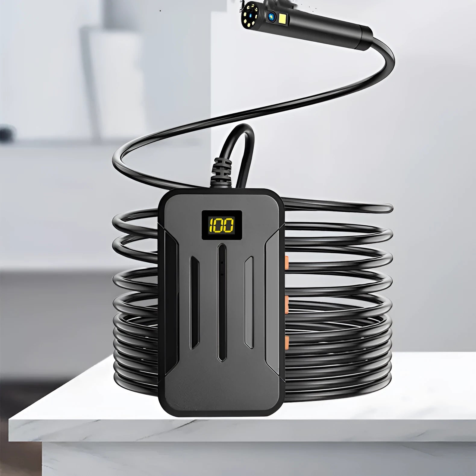 F300 WiFi dual lens endoscope with 5.5mm and 8mm waterproof probes, hook and magnet attachments.