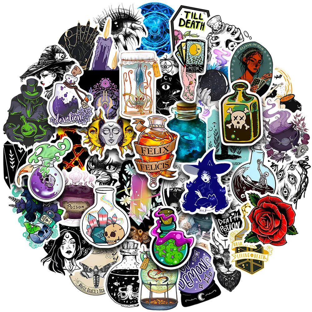 Pack of 50 colourful waterproof PVC stickers with glossy finish for laptops and skateboards.