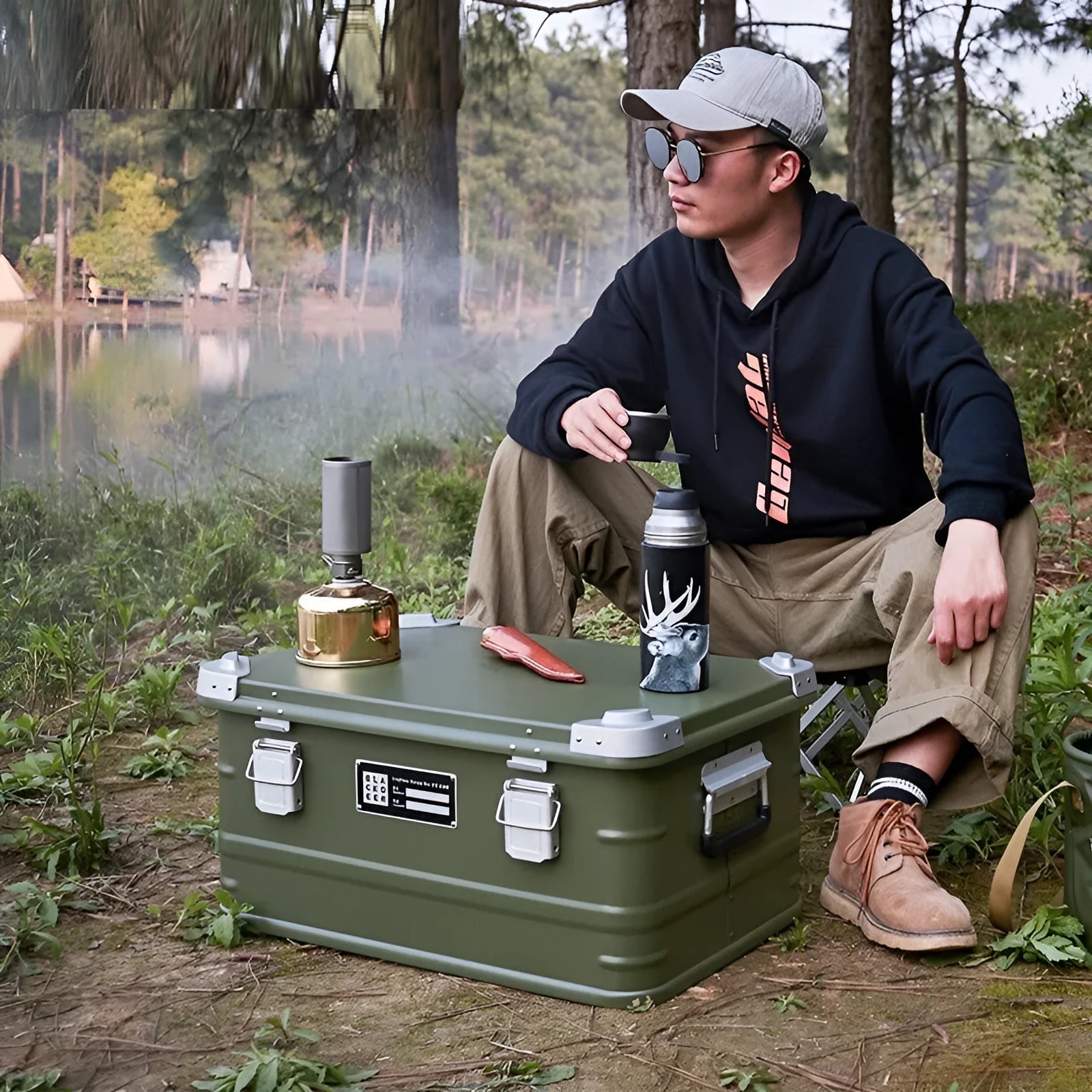 Field green aluminium expandable storage box for camping equipment measuring 58×38×28cm