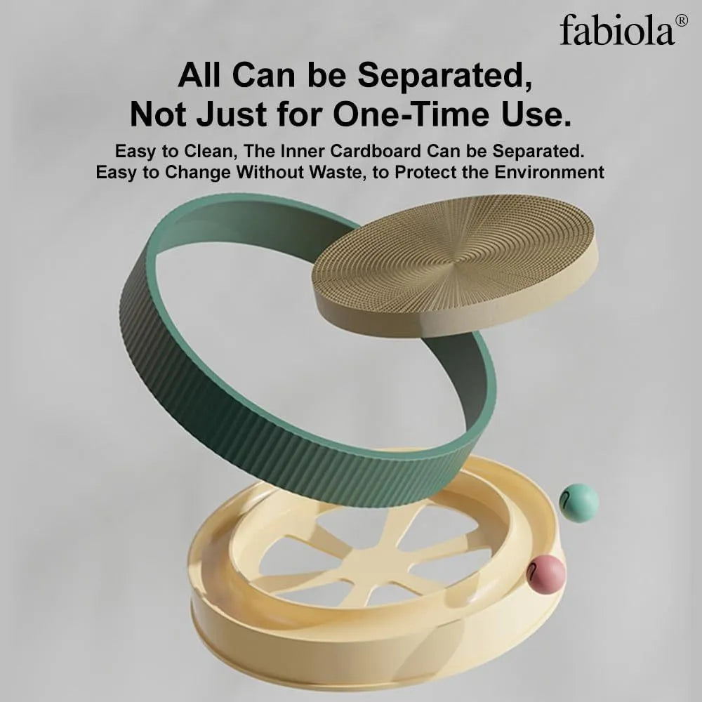 Large circular cat scratching board with moving ball toys and replaceable cardboard core