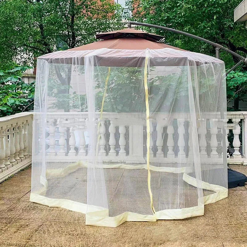 Heavy outdoor umbrella tent sunshade with mosquito net in beige, black, or brown colour.