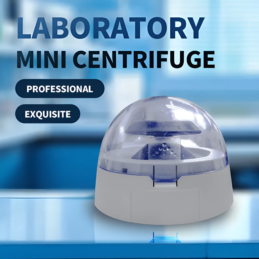 Small white mini laboratory centrifuge unit on a benchtop.