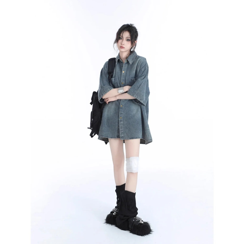 American retro heavy wash denim short sleeve cardigan top in black or blue, colour block pattern, sizes M to 3XL
