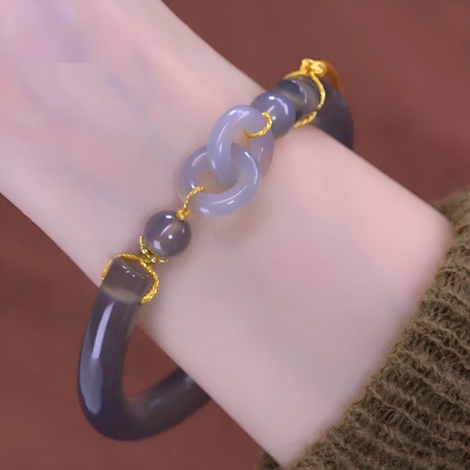 Smoke purple grey agate bracelet with ring buckle closure on wrist