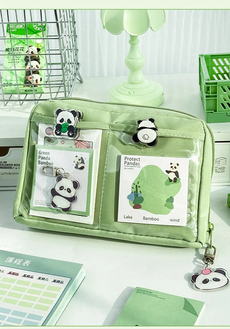 Green canvas 12 layer panda pencil case with large capacity for stationery organisation.
