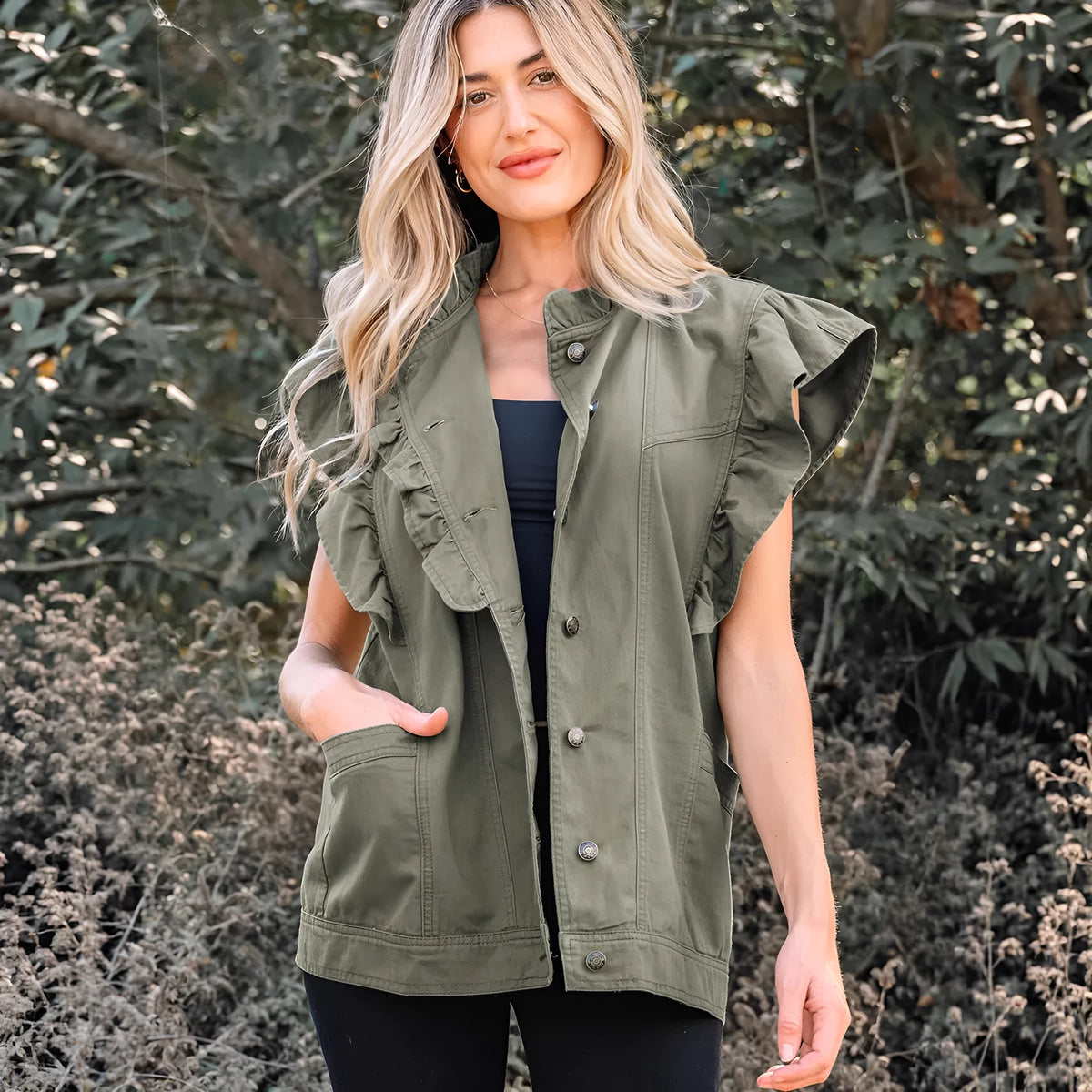 Green Bay ruffled patchwork denim jacket vest for women made from 100% cotton
