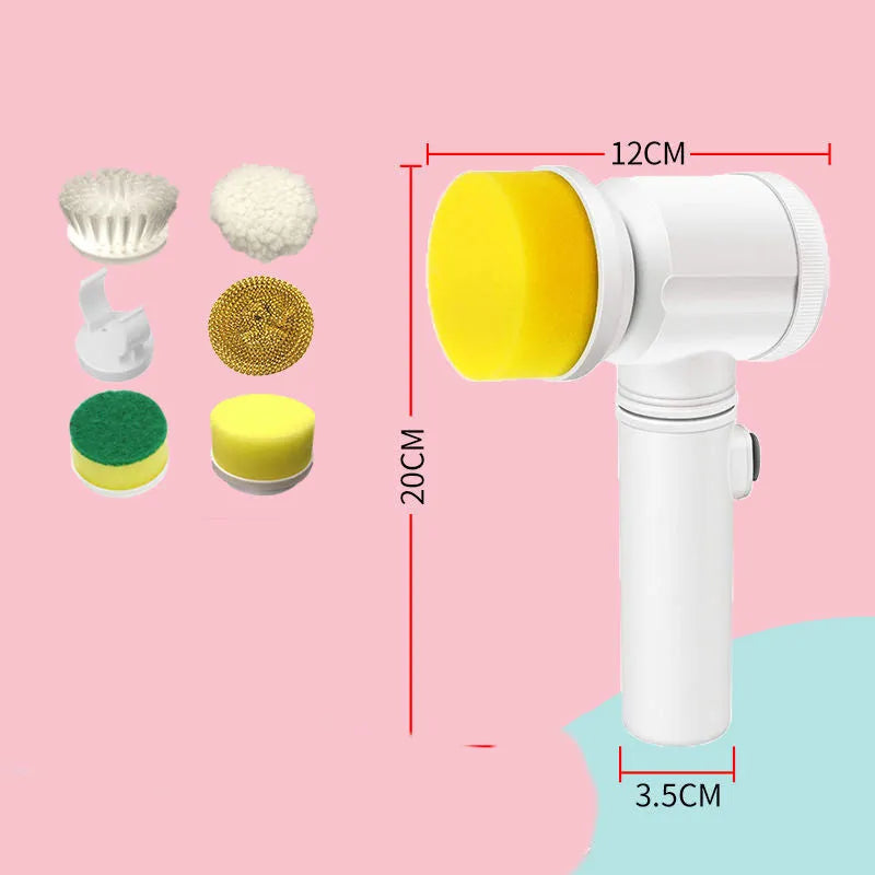 Rechargeable electric kitchen scrubber brush with multiple nylon brush heads and storage hook