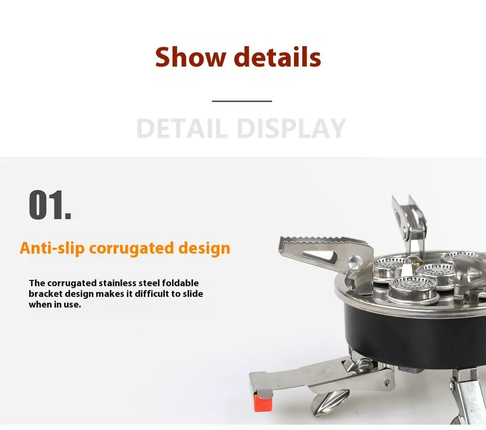 Silver portable split camping stove with stainless steel burner and long hose, shown folded.