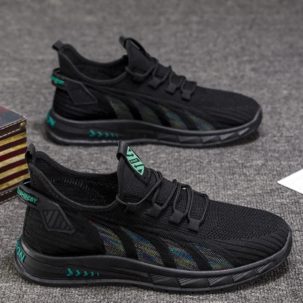 Low-top mesh sneaker with plastic sole in black colour showing striped pattern and flat heel design