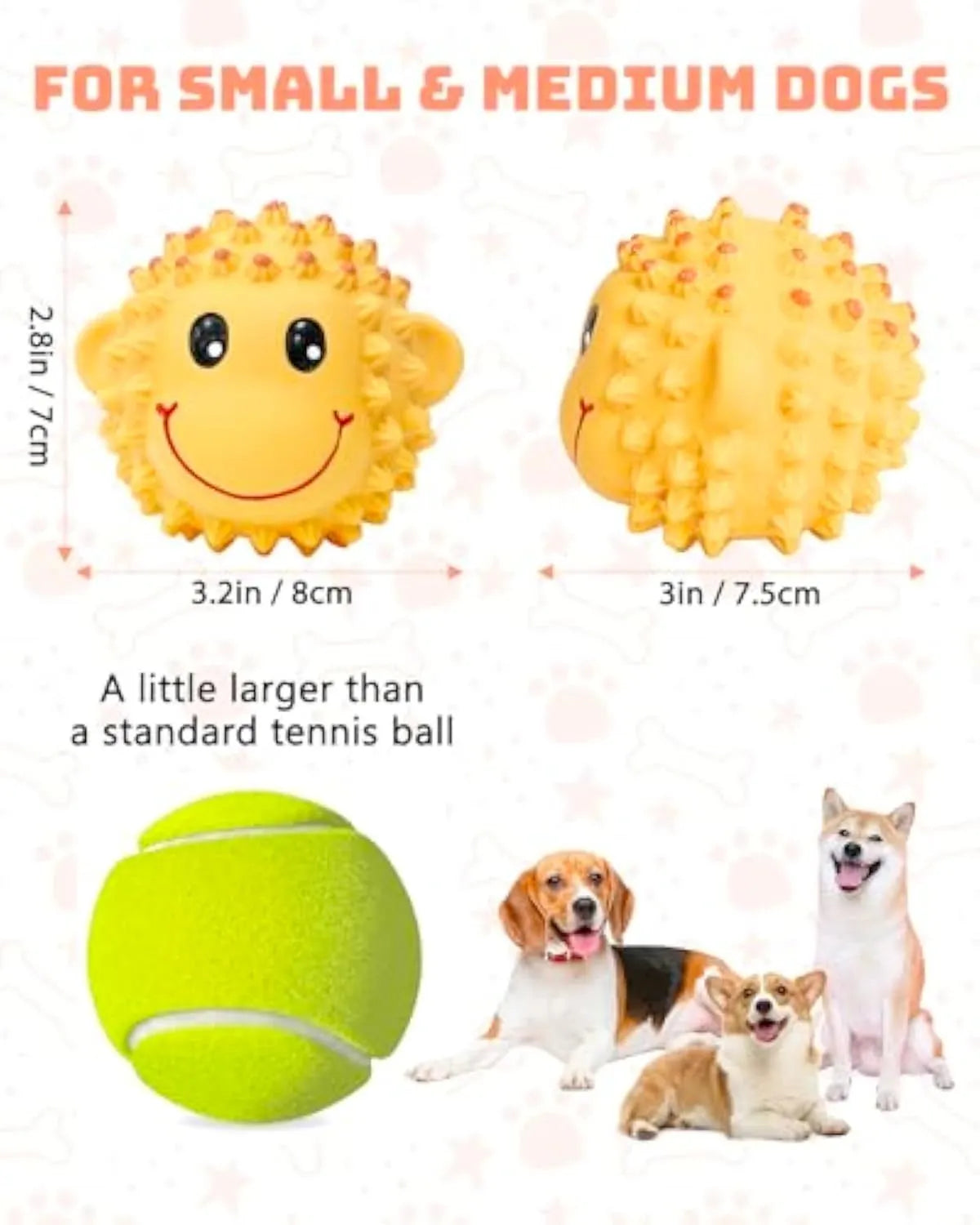 Orange and yellow latex dog toys with spiky texture and animal shapes for small to medium dogs