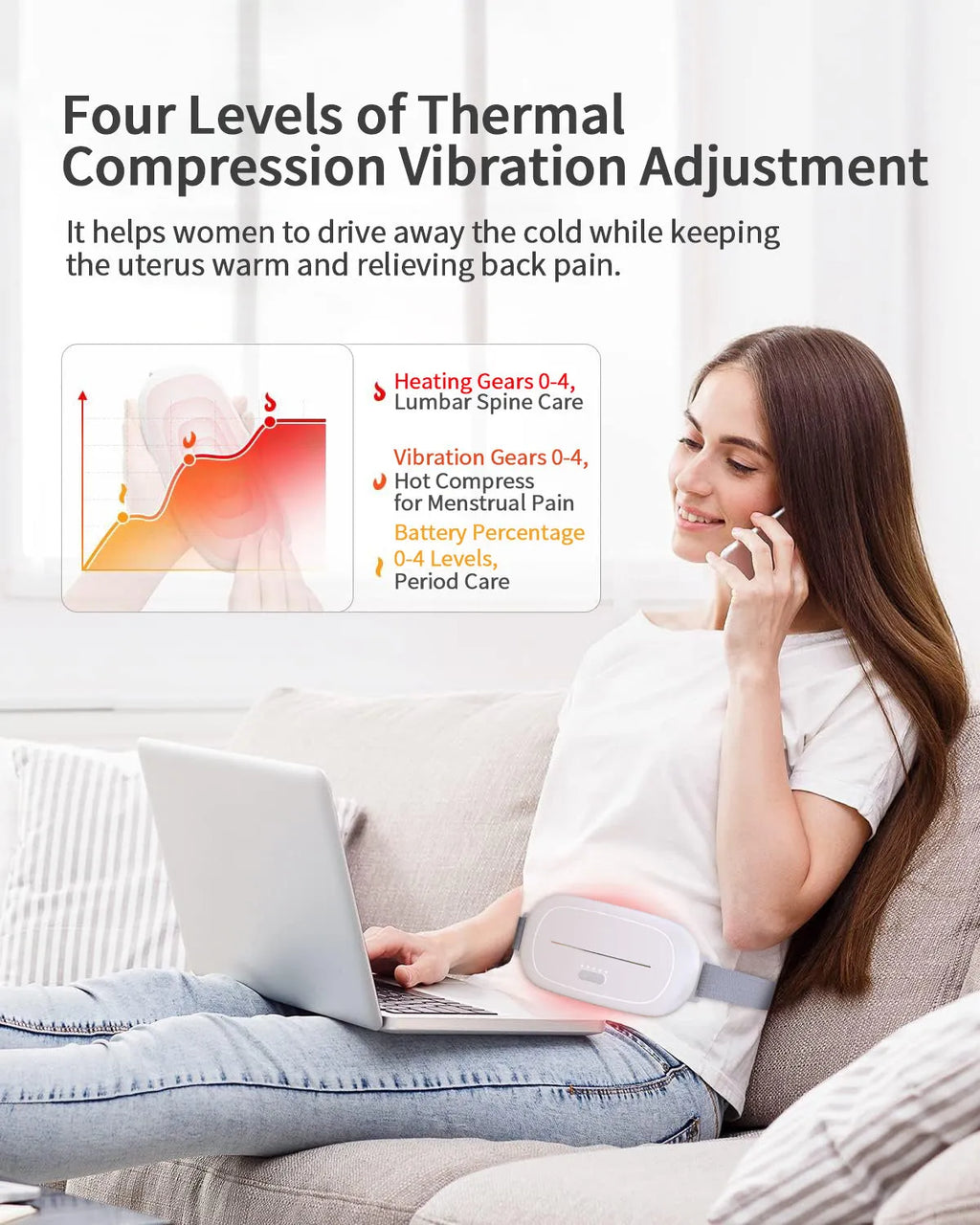White adjustable abdominal uterine warming belt with controller for post-surgery heat therapy