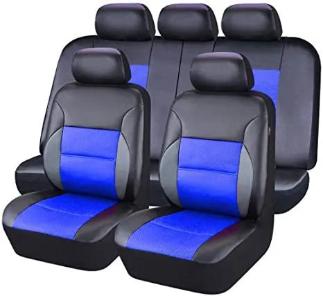 Artificial leather car seat cover set in black showing front seat and headrest pieces