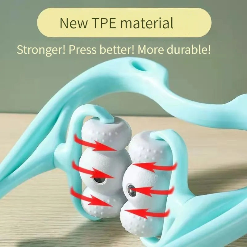 Blue handheld neck massager with 96 pressure point rollers showing 360-degree rotation mechanism