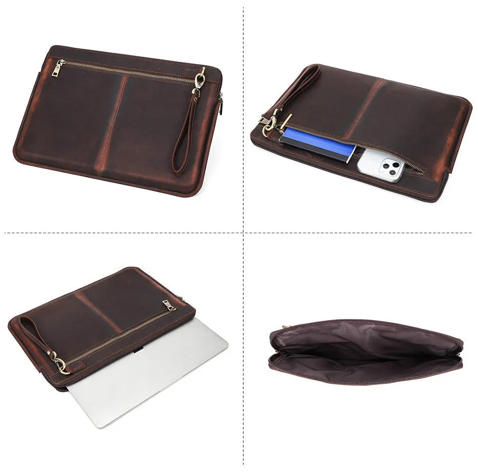 Brown Crazy Horse leather zipper computer bag for MacBook Pro 15.4 inch