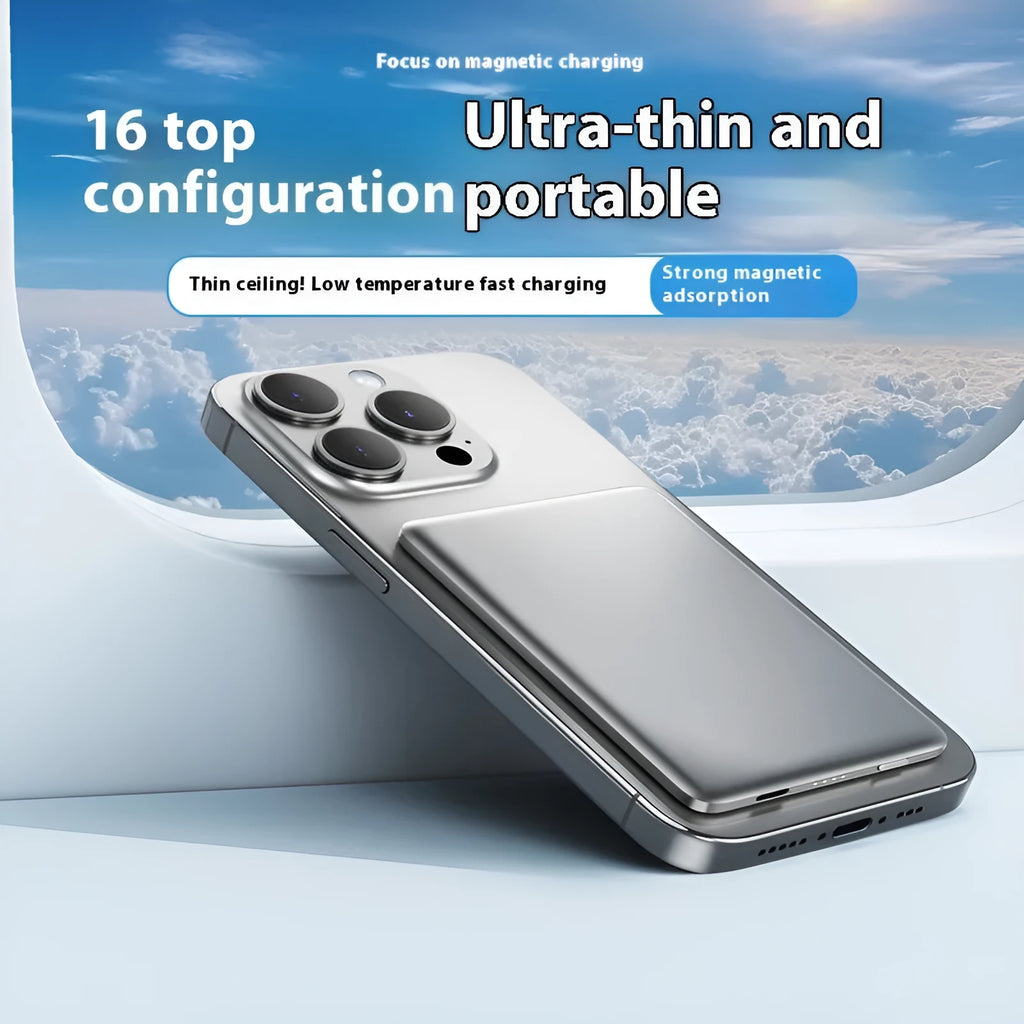Gun grey magnetic wireless power bank showing ultra-thin 9mm profile and alloy construction