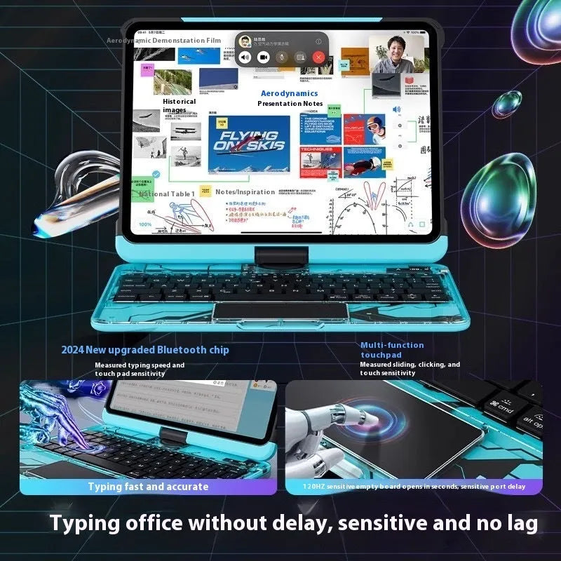 Blue protective keyboard case for a 13-inch Apple iPad Pro on a table