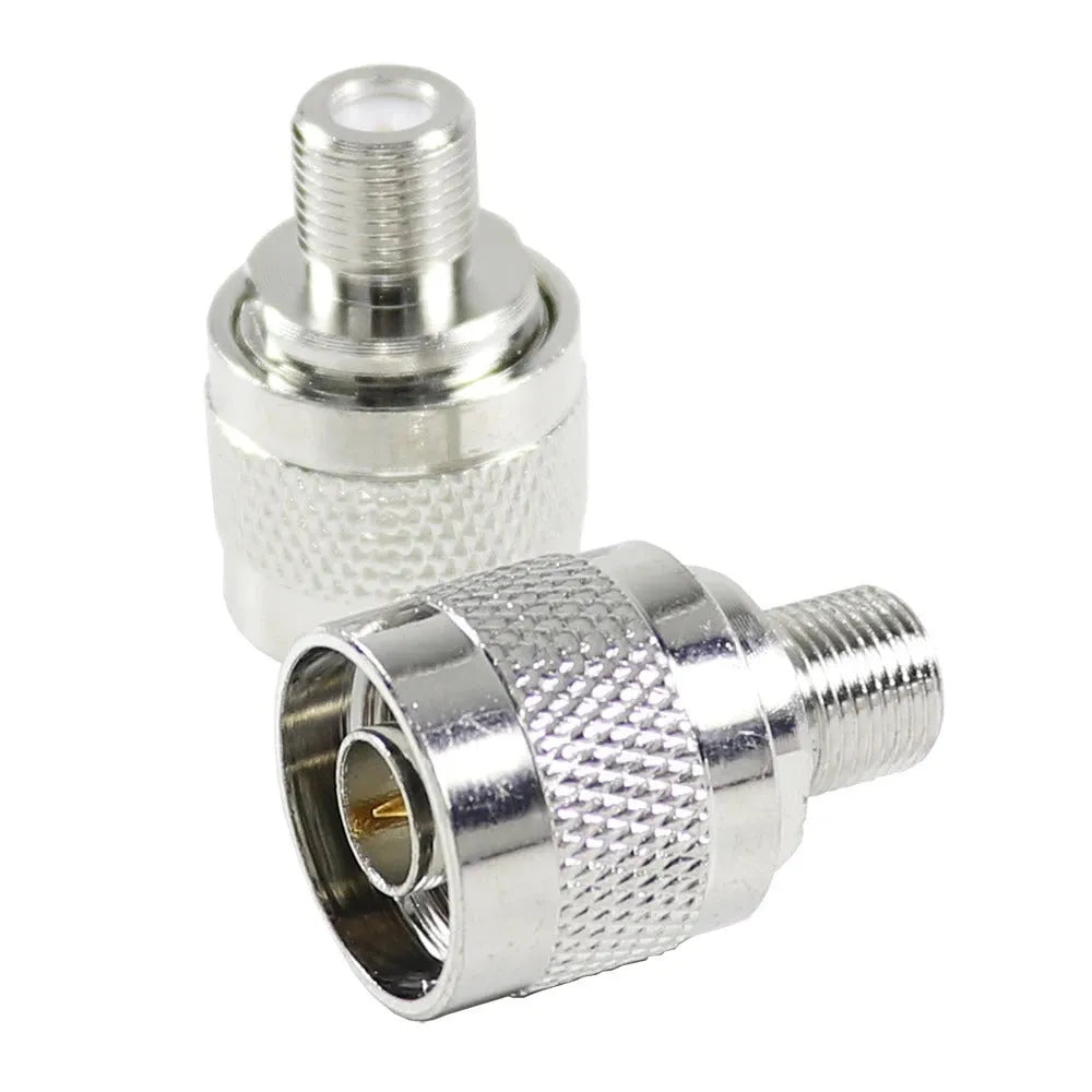 Silver metal RF coaxial F head converter for TV aerial, satellite, and antenna connections, 3x1.8cm