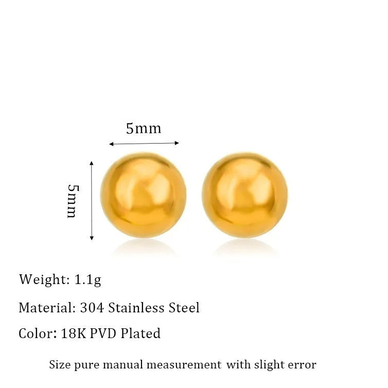 Minimalist round ball stud earrings in gold and silver finishes, showing different size options on a plain background.