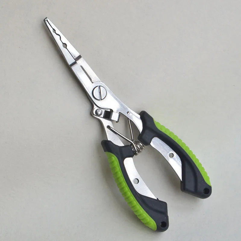PE39 medium straight mouth fishing pliers with hook, showing SS420 steel construction and coloured ABS plastic handle.