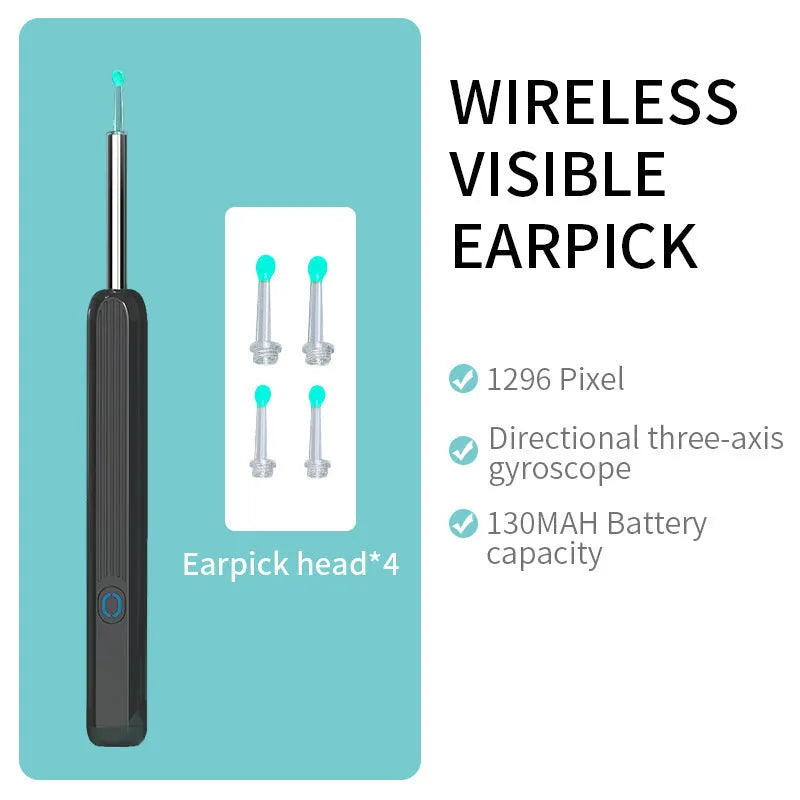 NE3 wireless otoscope ear cleaner with camera, spoon heads, and charging cable on a white background.