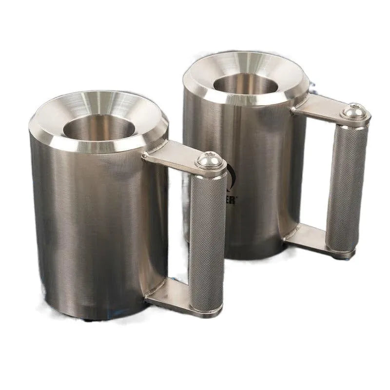 Silver stainless steel dumbbell cup with a cast iron core, shown as a single 8kg unit for weight plate loading.