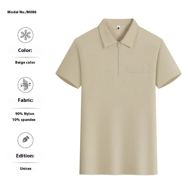 Short sleeve grey nylon advertising shirt with zipper pockets on the lapels