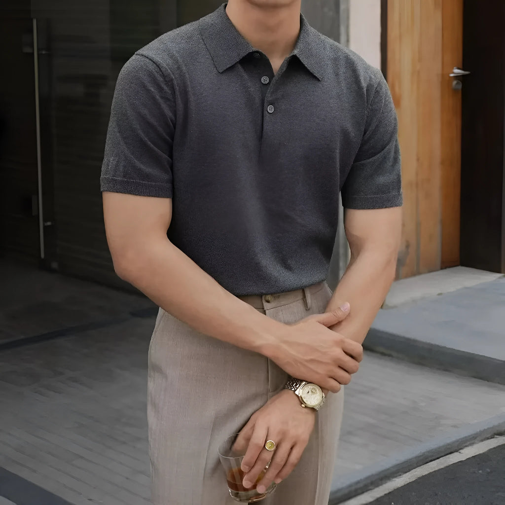 Men's ice silk and cotton blend polo shirt with knitted collar, short sleeves, shown in multiple colour options.