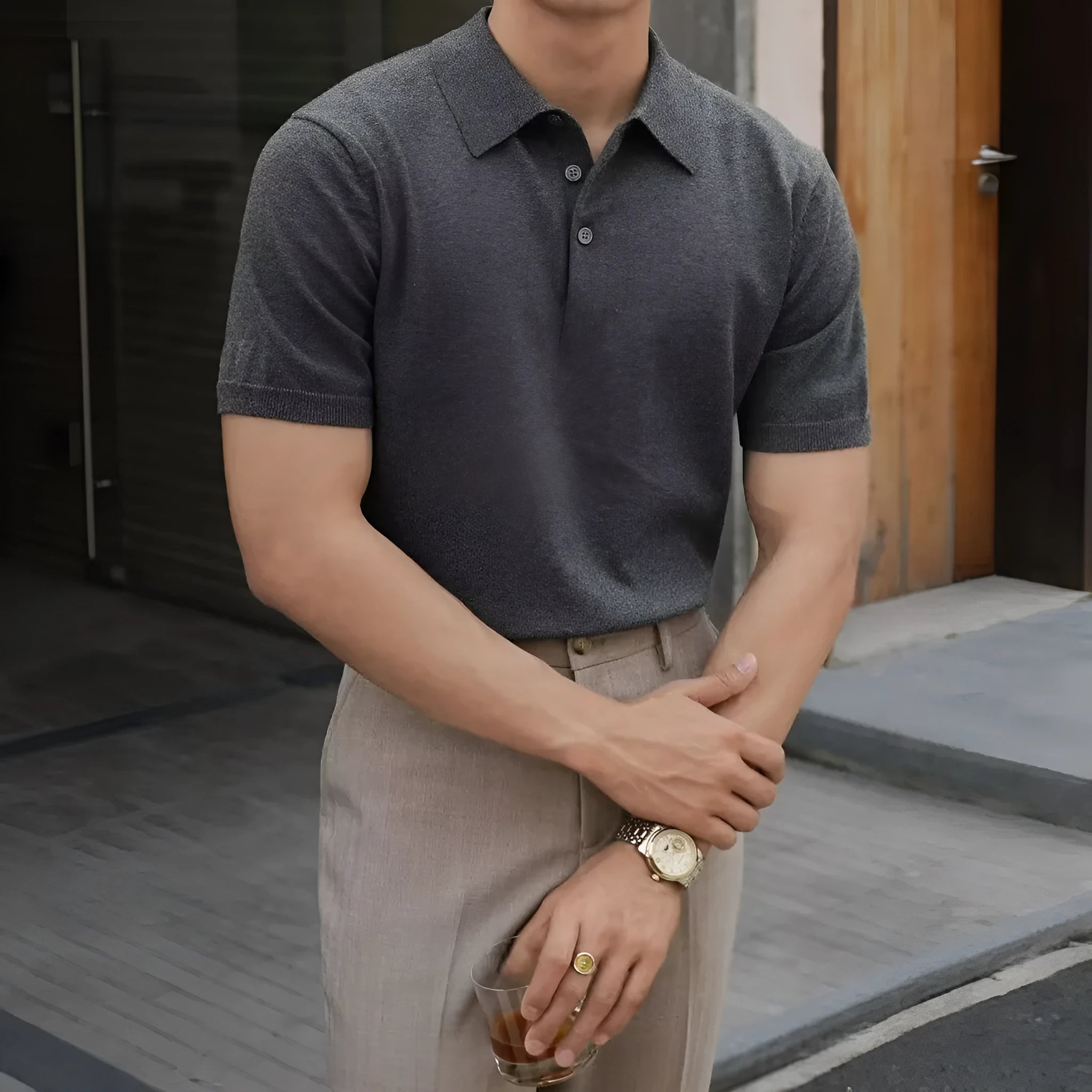 Men's ice silk and cotton blend polo shirt with knitted collar, short sleeves, shown in multiple colour options.