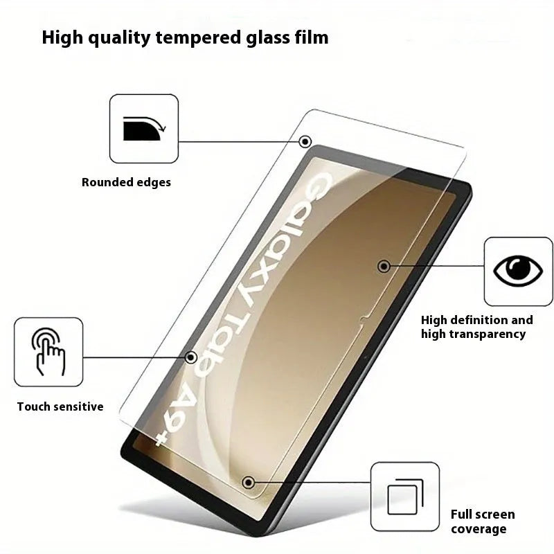 Samsung Galaxy tablet with tempered glass screen protector showing edge detail and anti-fingerprint surface