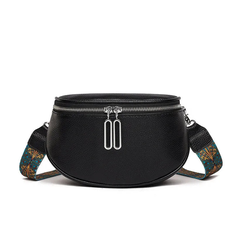 Women's soft PU messenger bag with saddle shape design and single shoulder strap in black colour