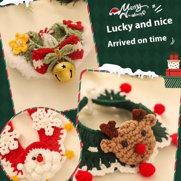Christmas pet scarf and hat set in wool with cartoon pattern for cat or dog