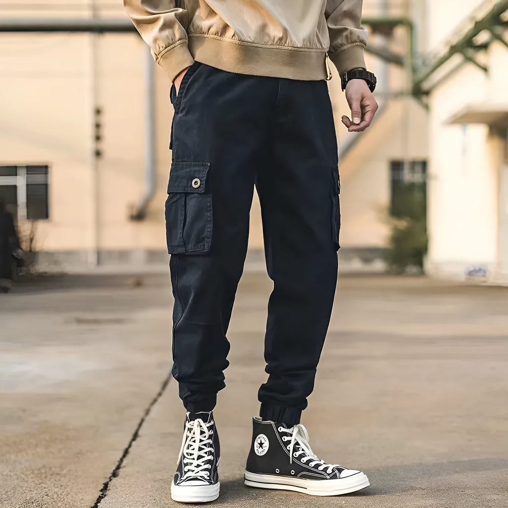 Men's black retro cotton loose cropped overalls with multi-pockets and ankle banded cuffs