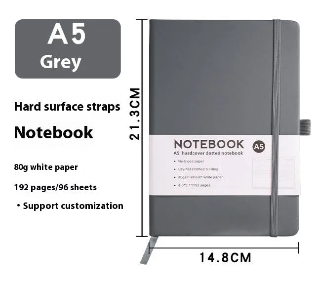 A5 diary with soft PU leather cover in a skin feeling texture, open to show horizontal line pages.