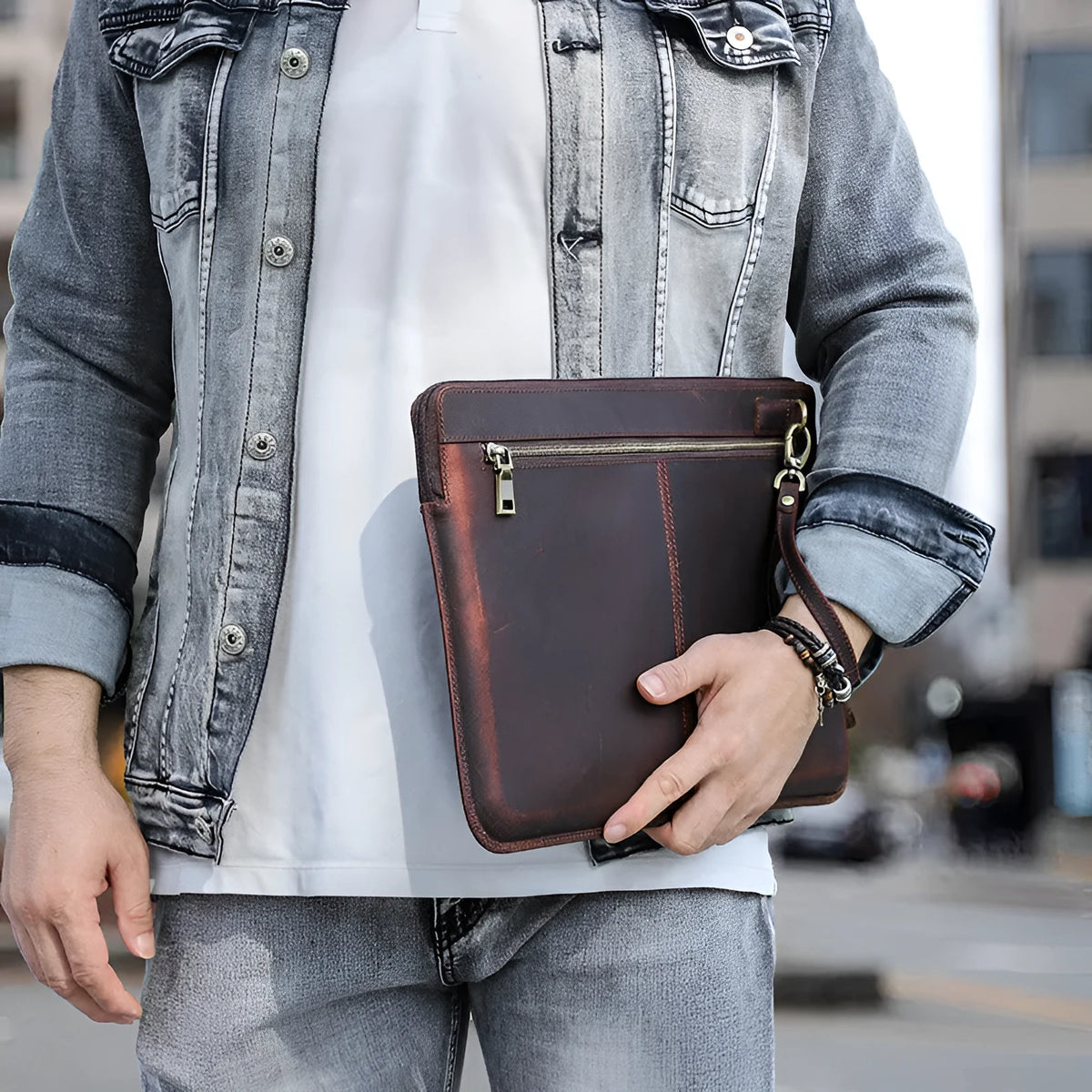Brown Crazy Horse leather zipper computer bag for MacBook Pro 15.4 inch