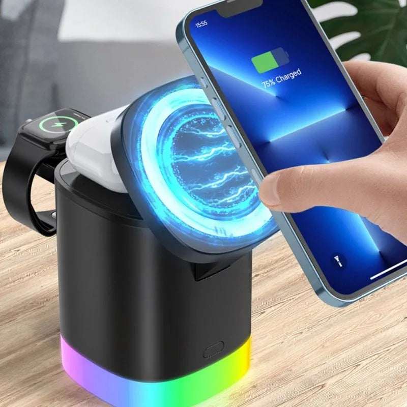 Black foldable 3-in-1 magnetic wireless charging station cube for iPhone, Apple Watch and AirPods