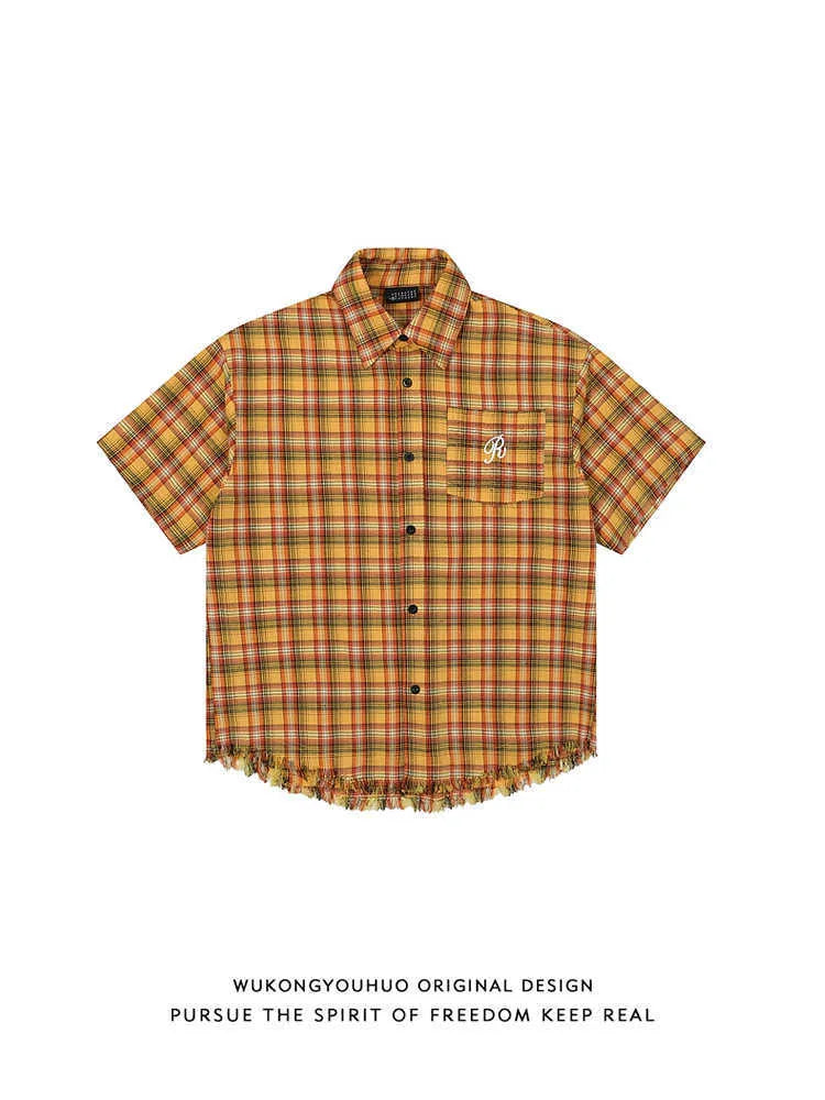 Yellow grid plaid short sleeve shirt with embroidery chest pocket, loose fit design