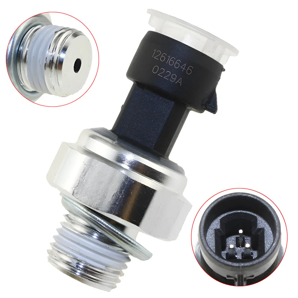Oil pressure sensor for Buick Chevrolet cars with part numbers 12573107 12677836 visible.