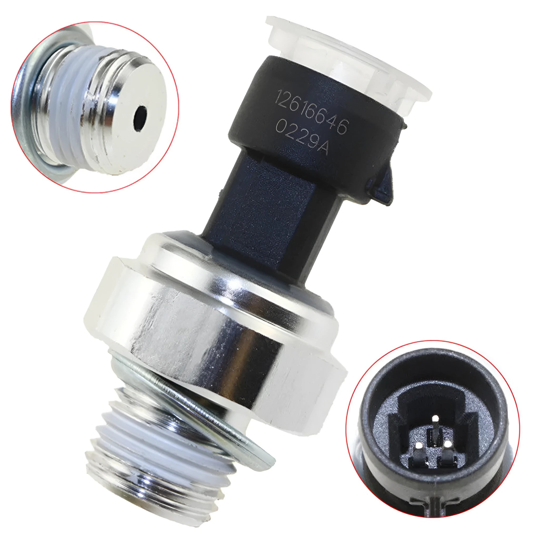 Oil pressure sensor for Buick Chevrolet cars with part numbers 12573107 12677836 visible.