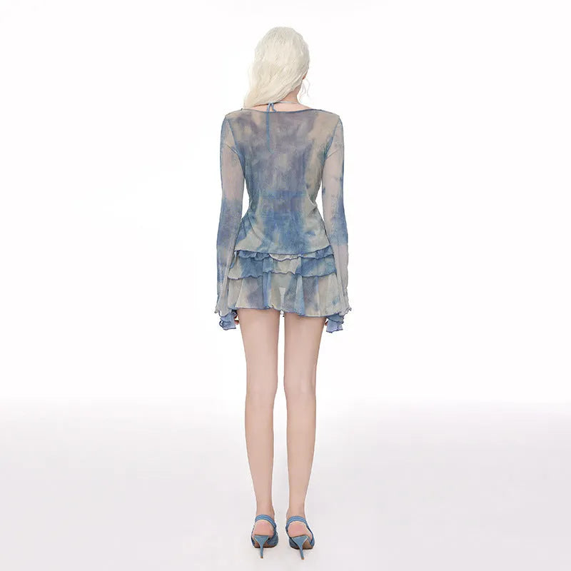 Women's steel support push-up long-sleeved blouse and briefs split swimsuit in blooming blue