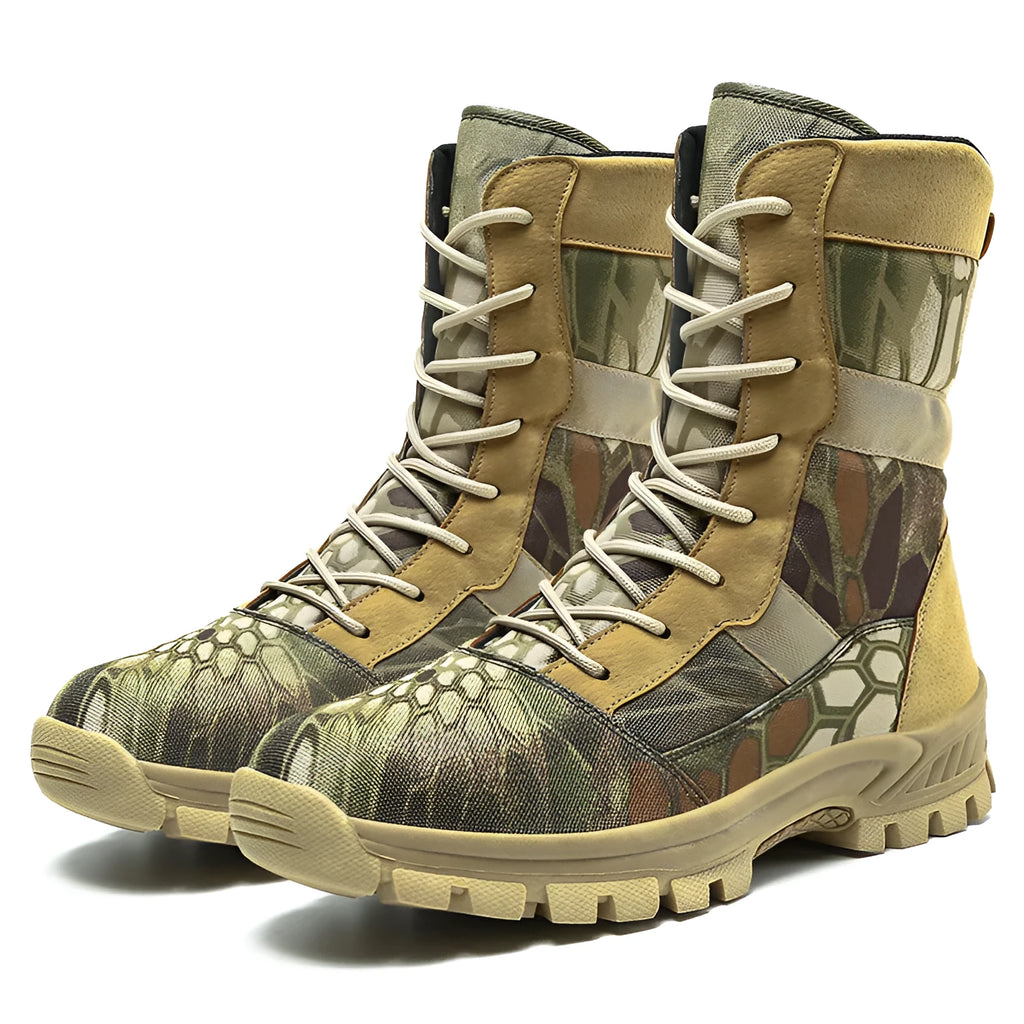 Men's black mesh high-top combat boots with detailed totem pattern on the upper