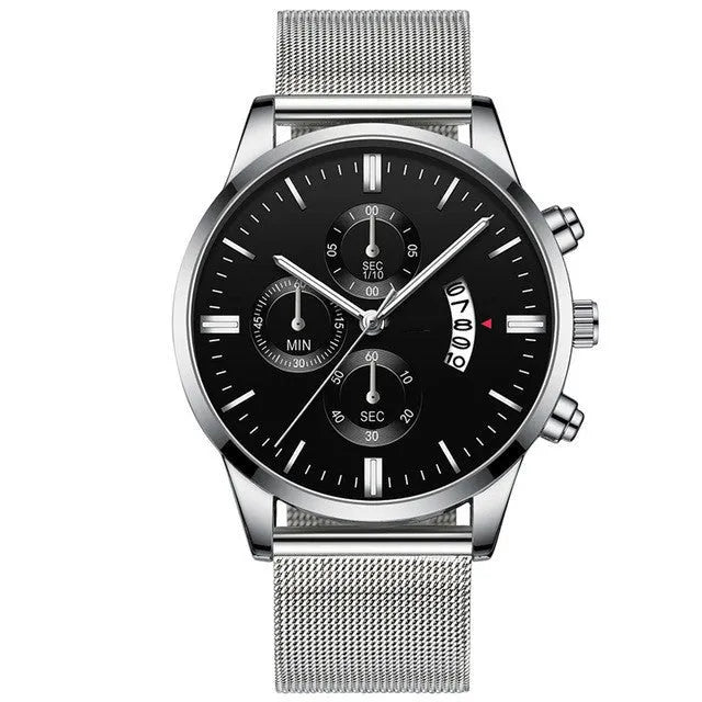 Men's stainless steel mesh band quartz watch with analogue display and two-tone colour options