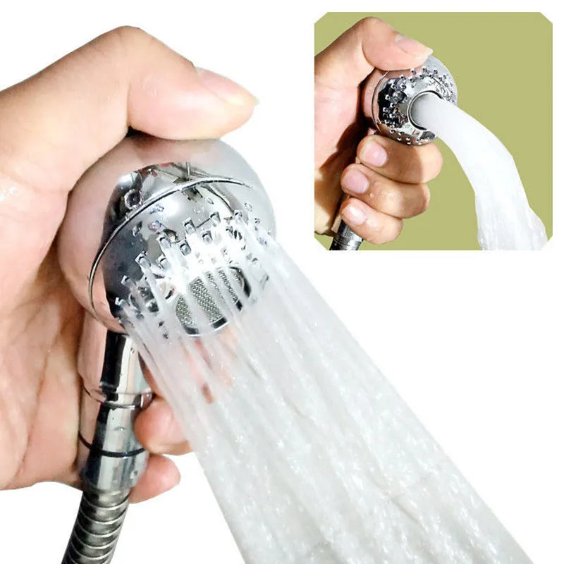 Silver coloured compact handheld shower head for gentle pet and baby baths.