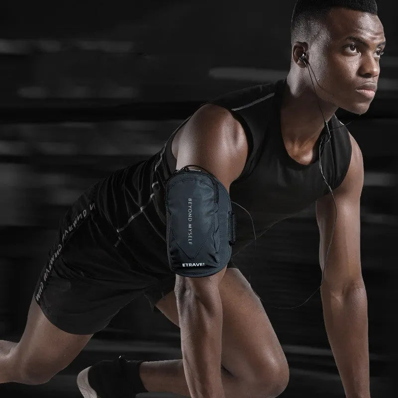 Lightweight reflective running arm bag with adjustable strap, shown in black colour.