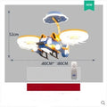 Yellow and blue ceiling fan light with acrylic lampshade and metal blades, remote control on side