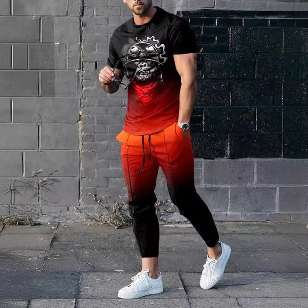 Men's casual printed short sleeve pullover and matching trousers suit set on a white background.