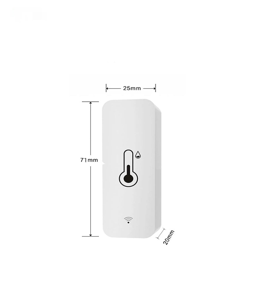 WiFi humidity and temperature sensor with ABS housing measuring 72mm by 25mm by 20mm